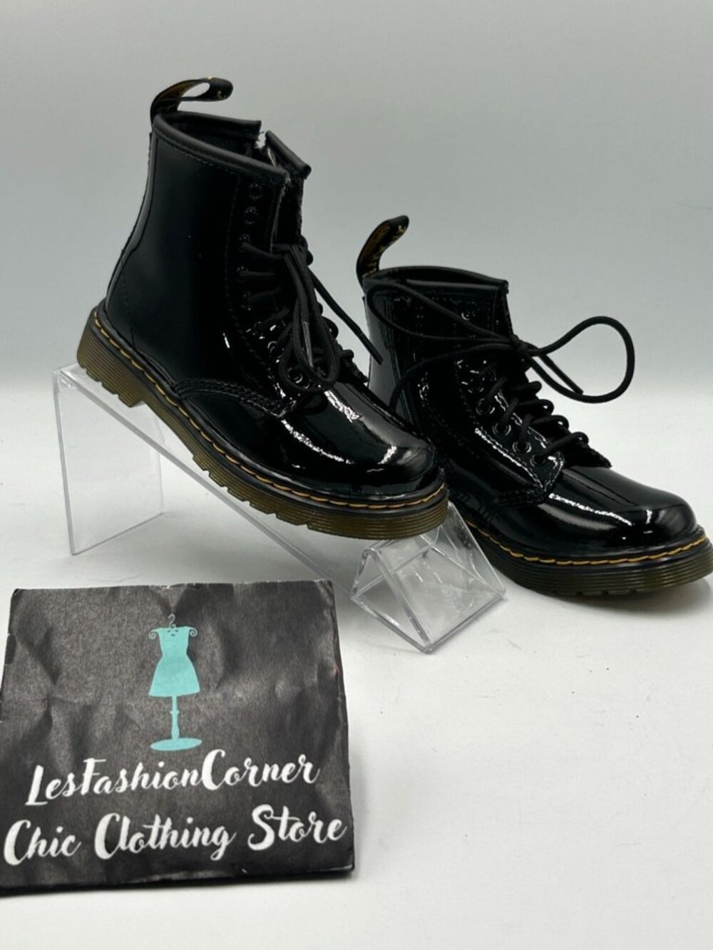 NWOB Dr. Martens Kids Black Patent Leather 1460 T Lace-Up Combat Boots Sz 9 3276 - Picture 10 of 16